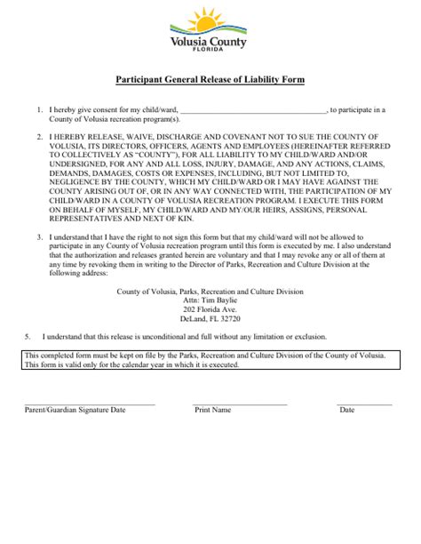 Volusia County Florida Participant General Release Of Liability Form