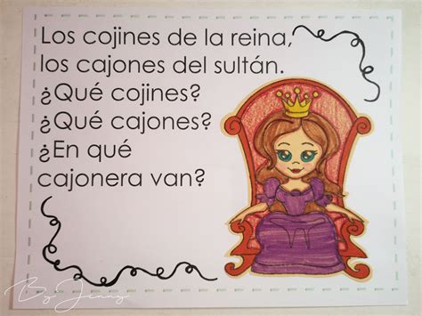 Hoja de Trabalenguas Los cojines de la reina con Ilustración Más