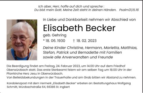 Traueranzeigen Von Elisabeth Becker Saarbruecker Zeitung Trauer De