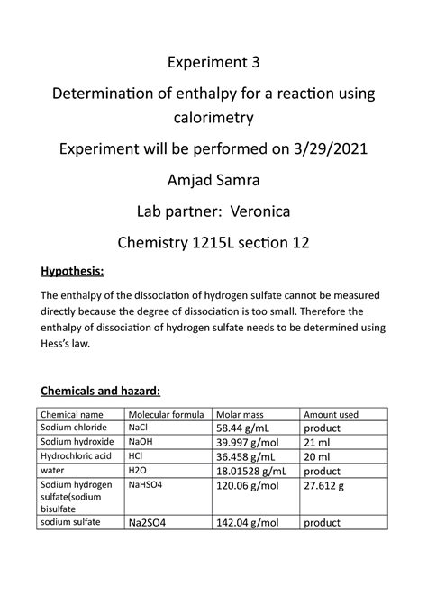 Pre Lab Pre Lab Report For Determination Of Enthalpy For A Reaction