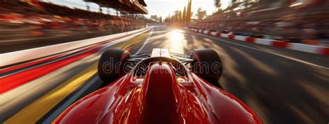 Red Formula 1 Car Speeds Down Race Track At Sunset Racing Towards
