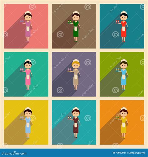 Concept Of Flat Icons With Long Shadow Girl Waitress Cartoon Vector