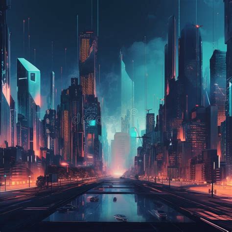 Futuristic Cityscape At Night Stock Illustration Illustration Of