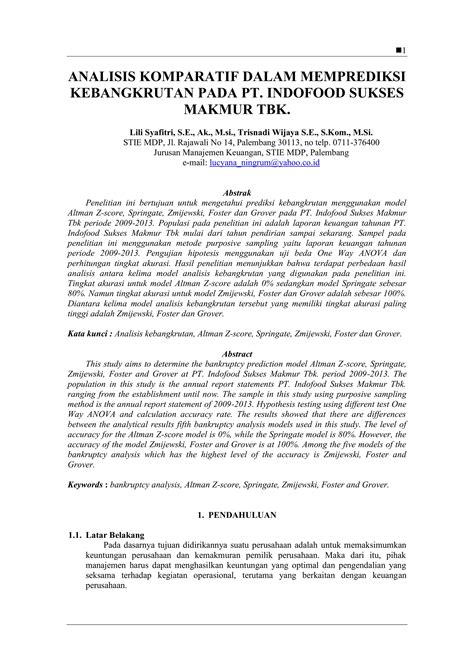 Analisis Komparatif Dalam Memprediksi Kebangkrutan Pada Pt Indofood Sukses Makmur Tbk Pdf