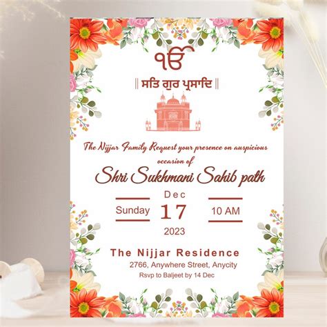 Sukhmani Sahib Path Digital Invitation Template Sikh Wedding Or