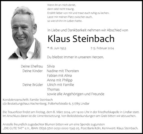 Traueranzeigen Von Klaus Steinbach WirTrauern