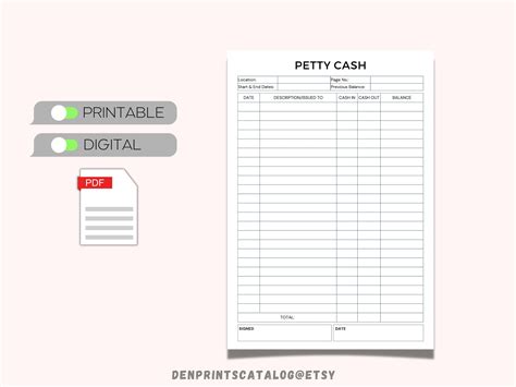 Petty Cash Ledger Printable Petty Cash Log Printable Petty Etsy Australia