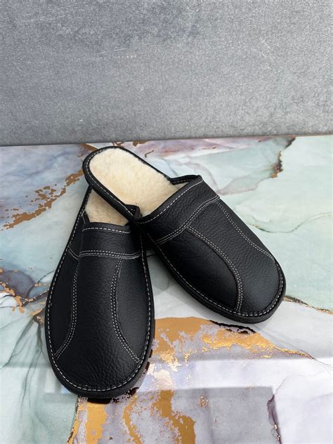 Mens Leather Slippers With Leather Soles Bedroom Soft Scuff Mule Slip