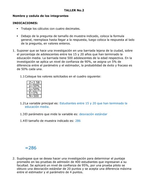 Taller 2 Muestreo TALLER No Nombre Y Cedula De Los Integrantes