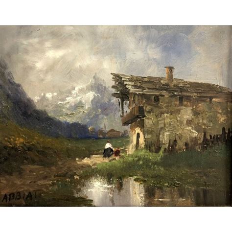 Antico Quadro Dipinto Olio Paesaggio Montano Baita Figure Laghetto Montagna