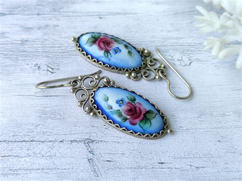 Flower Enamel Earrings Dangle Blue Enamel Earrings Silver Etsy