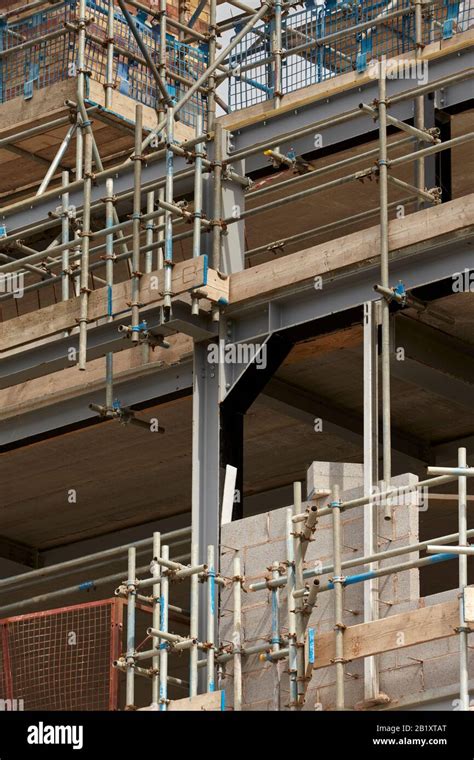 Steelwork And Scaffolding Steel Frame Of Commercial Building Under