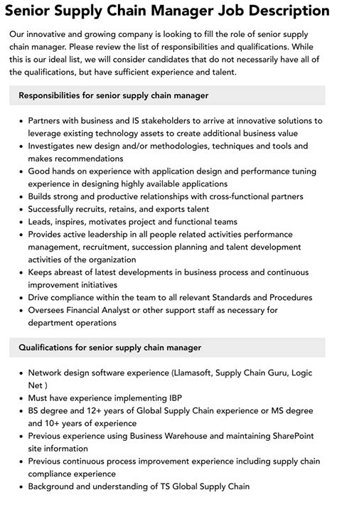 Senior Supply Chain Manager Job Description Velvet Jobs