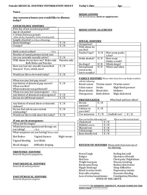 Fillable Online Female MEDICAL HISTORY INFORMATION SHEET Fax Email