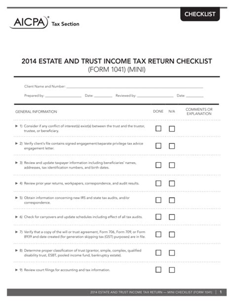 Estate And Trust Income Tax Return Checklist Form