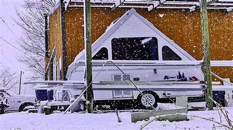 Winter Camping Snowing All Day In The Aliner Pop Up Camper Trailer