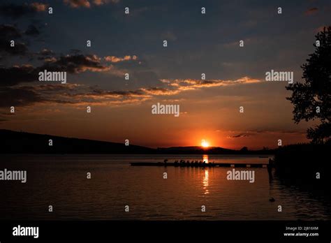 Zurich Switzerland. 11. July 2018 Beautiful sunset at lake Greifensee ...