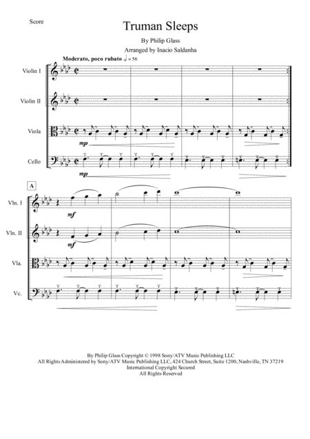 Truman Sleeps Sheet Music Philip Glass String Quartet