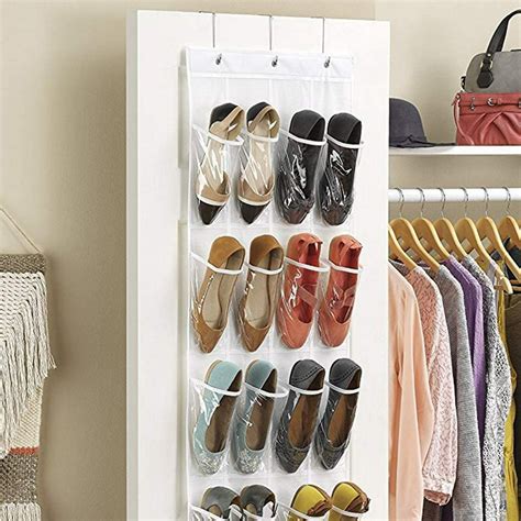 Techtongda Over The Door Shoe Organizer Rack Hanging Storage Space Saver 24 Clear Pockets