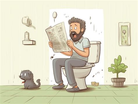 Premium Ai Image Cartoon Man Sitting On Toilet Reading Newspaper With A Hedge Nearby Generative Ai