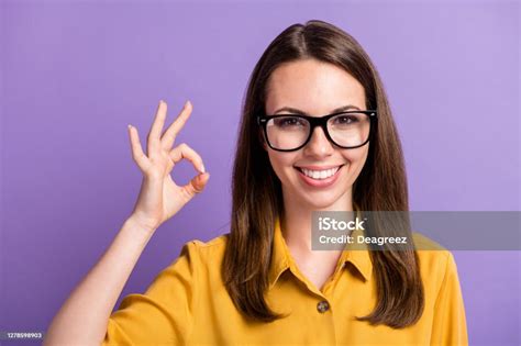 Photo Of Young Lady Raise Hand Show Okey Beaming Smiling Wear Eyewear