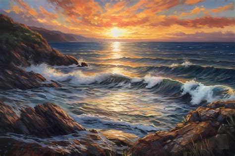 Premium Photo | Oil painting of a stunning sunset over the ocean ...