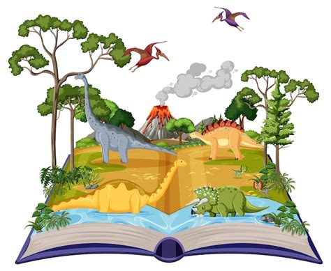 Premium Vector Book With Scene Of Dinosaurs In Forest