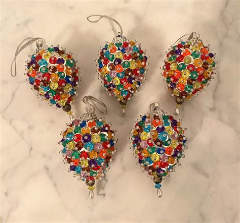 Vintage Push Pin Sequin Christmas Ornaments Handmade Set Of 5 Etsy UK