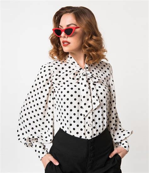 Unique Vintage 1940s White And Black Polka Dot Neck Tie Gwen Blouse How To Style Vintage Shirts