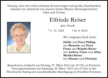 Traueranzeigen Von Elfriede Reiser Trauer Merkur De