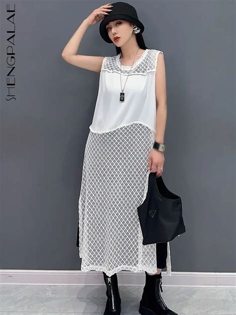 SHENGPALAE Women S Dress With Hollow Mesh 2024 Spring Summer New