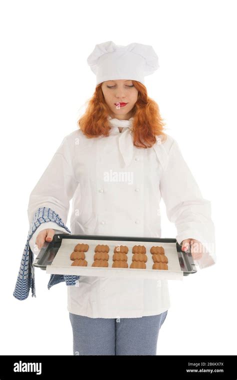 Female Baker Chef With Red Hair Isolated Over White Background Stock