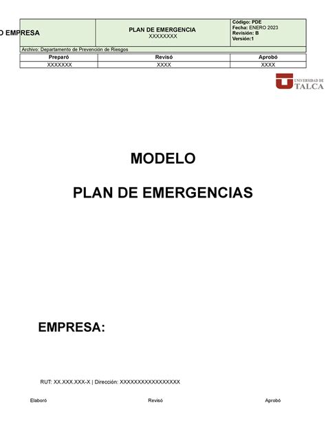 Modelo Plan De Emergencias V Plan De Emergencia Xxxxxxxx Fecha