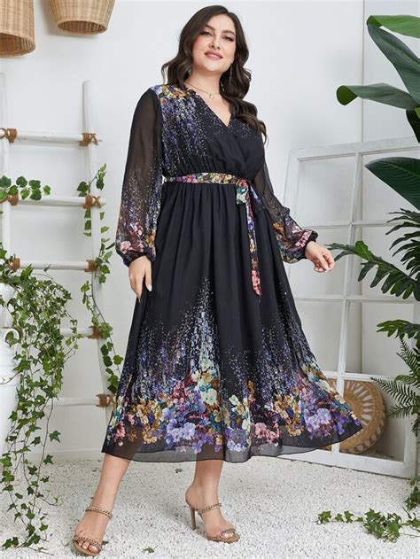 Shein Modely Plus Floral Print Lantern Sleeve Chiffon Belted Dress