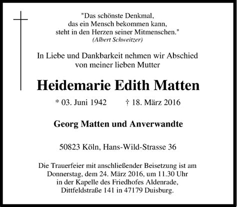 Traueranzeigen Von Heidemarie Edith Matten Trauer In Nrw De