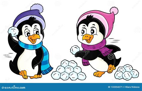 Penguins Playing With Snow Image Stock Vector Illustration Of