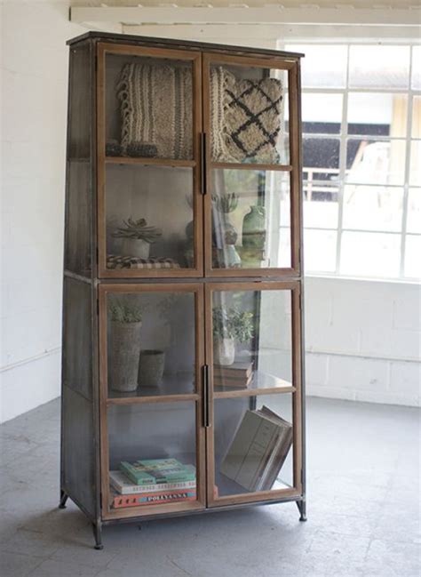 Glass Door Slanted Display Cabinet Antique Farmhouse