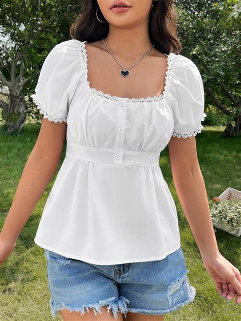 SHEIN Cottagecore Square Neck Puff Sleeve Lace Trim Peplum Blouse