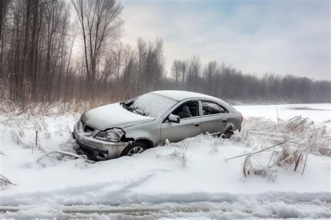 Premium Ai Image Abandoned Broken Car On Snowy Road Old Damaged