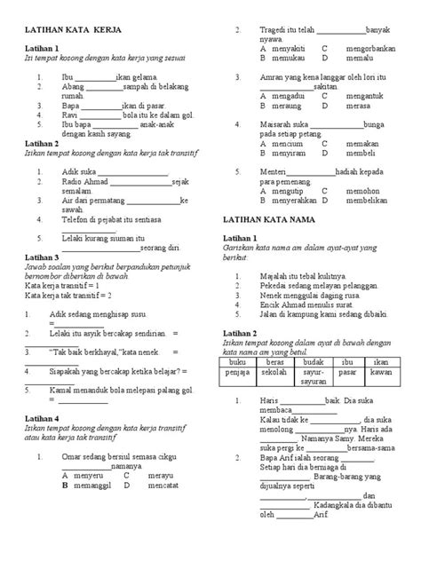 Latihan Kata Kerja Transitif Dan Tak Transitif Tingkatan 1 Nota Kata Kerja Tak Transitif 2 Pdf