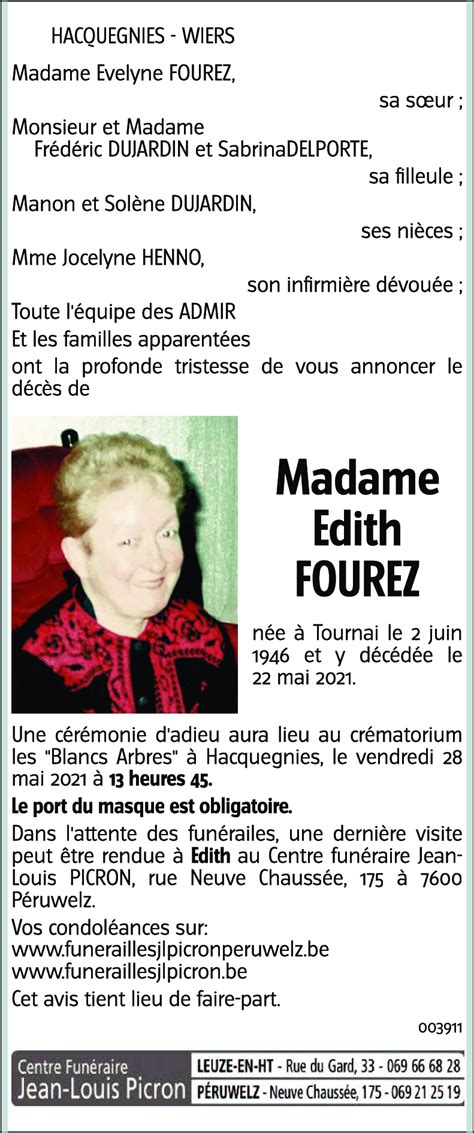 Avis De Décès De Edith Fourez Décédé Le 22 05 2021 à Tournai Annonce