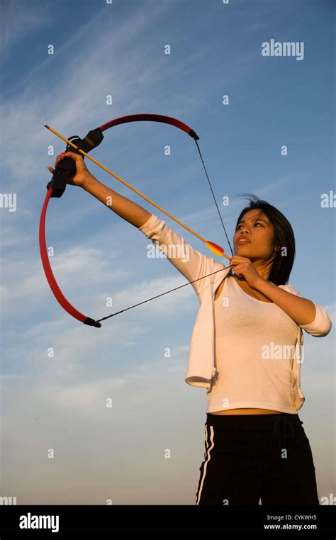 Asian Asia Thai Thailand Beautiful Beautiful Bow Arrow Shoot Aim Stock