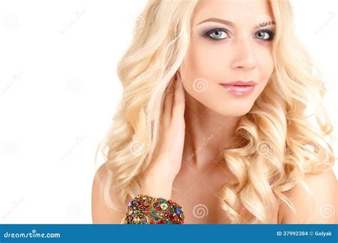 Portrait Of Attractive Caucasian Blonde Woman With Long Curly Hair