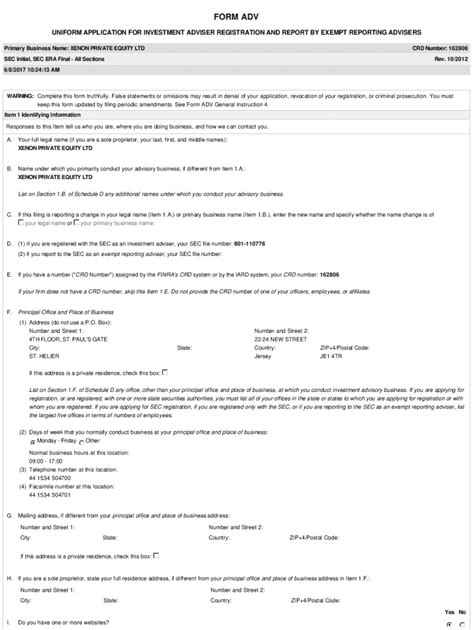 Fillable Online Appendix B Form Adv Instructions For Part A Fax