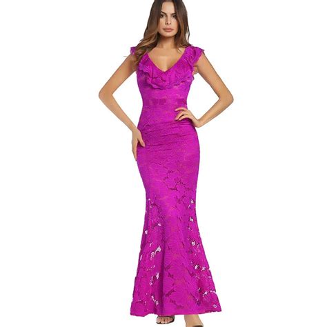 Summer Women Purple Lace Dresses Elegant Sexy Flower Ruffles V Neck Mermaid Long Party Dress