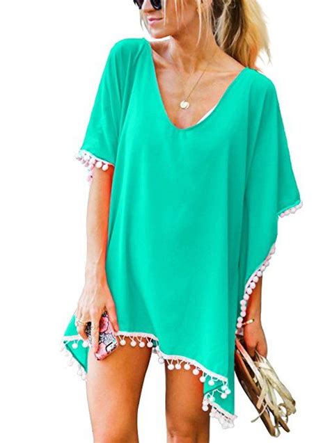 Adreamly Womens Pom Pom Trim Kaftan Stylish Chiffon Swimwear Beach