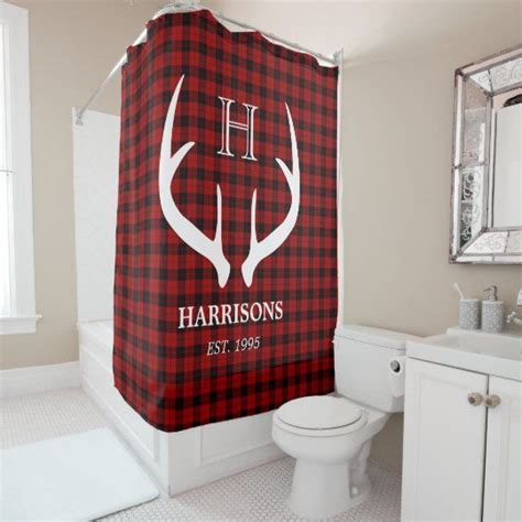 Rustic Red Black Buffalo Plaid Deer Antlers Shower Curtain Zazzle