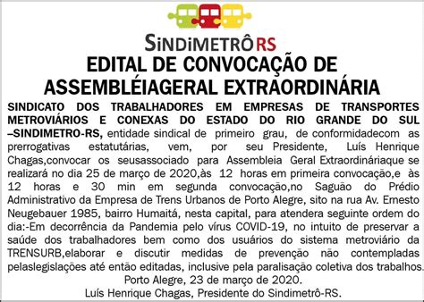 Edital De Convoca O Para Assembleia Geral Extraordin Ria Sindimetr Rs