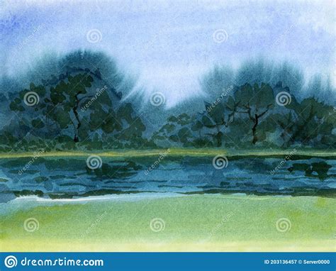 Watercolor Landscape River And Forest Calm Weather Summer Day Stock