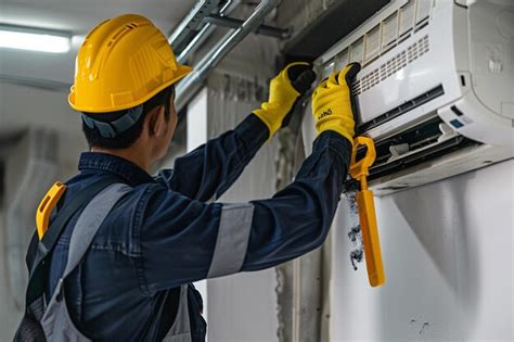 A Man Wearing A Hard Hat And Gloves Cleaning A Air Conditioner